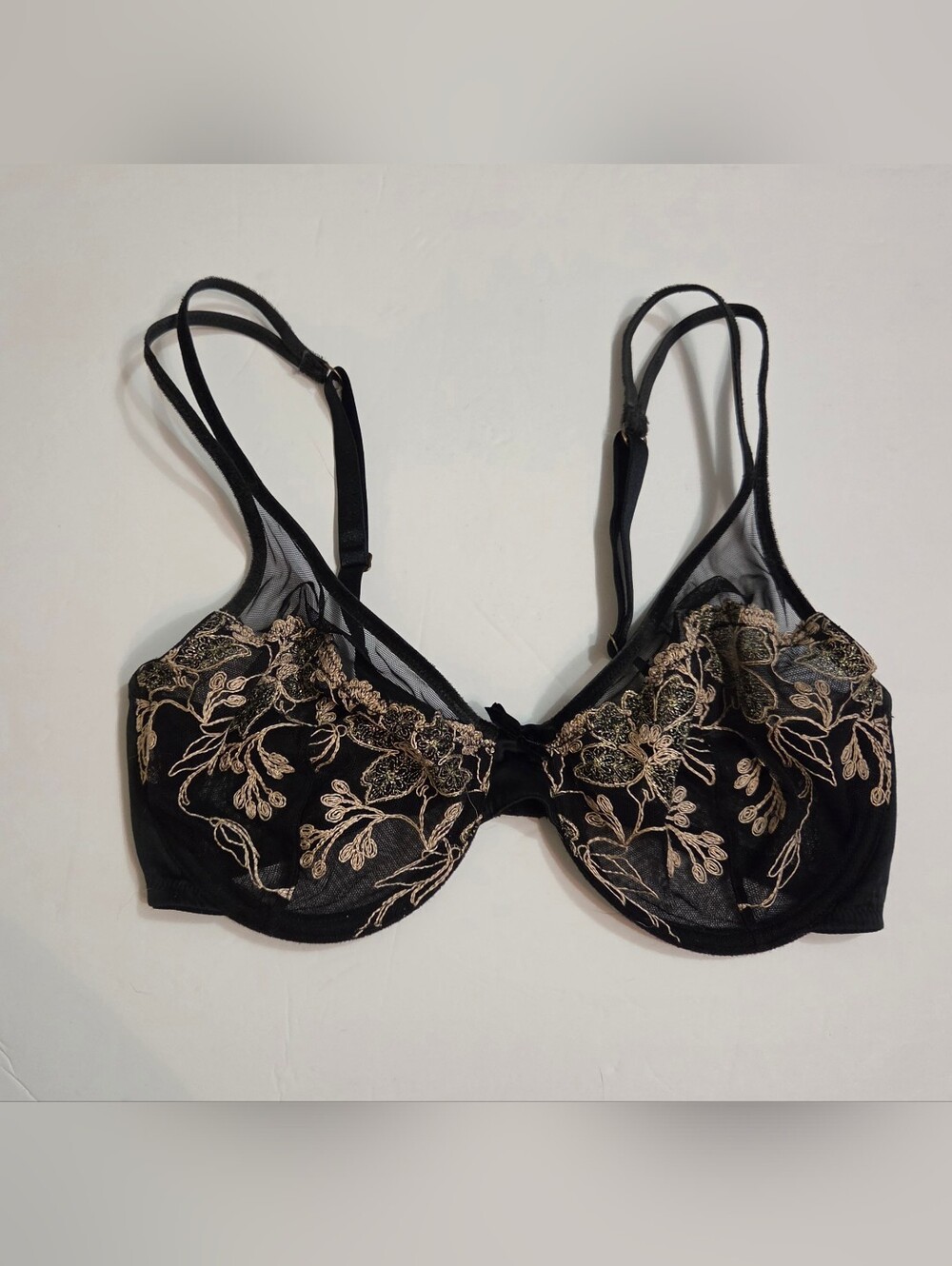 Cabernet Bra 34D Black with Metallic Gold Floral Embroidery By Couture
